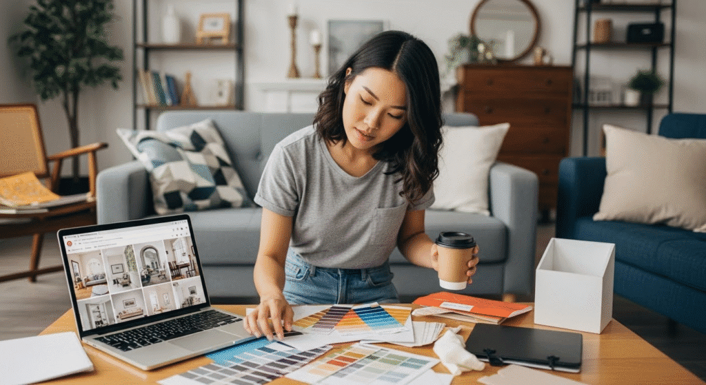 A woman getting frustrated before finding our home design 3d plan app